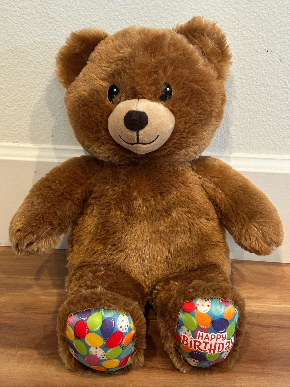 Build-A-Bear Happy Birthday Brown Teddy Bear Plush Colorful Balloon Feet 16”